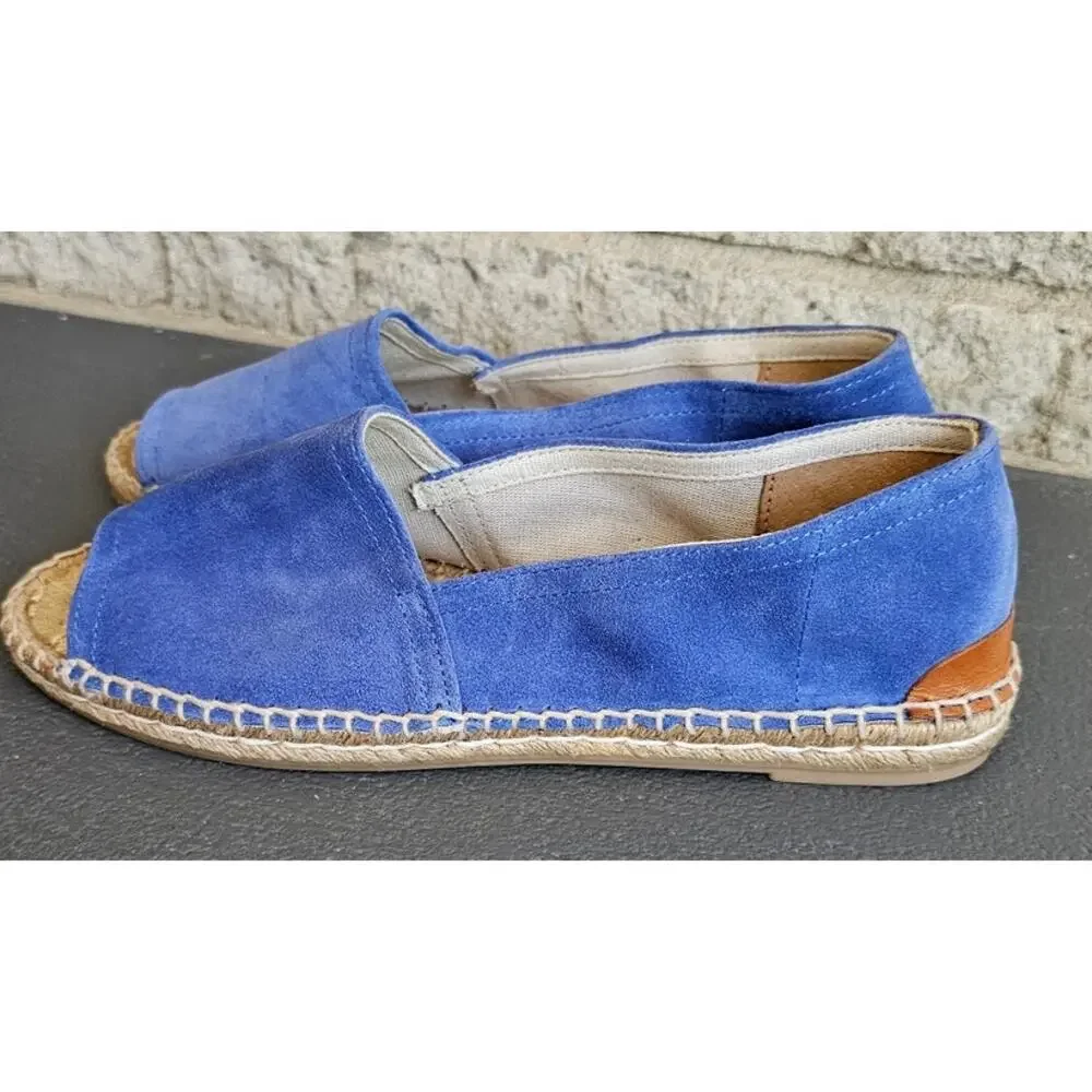 Patricia Green Espadrille Flats, Ashley, Peep Toe, Blue Suede, New, Sz 5.5